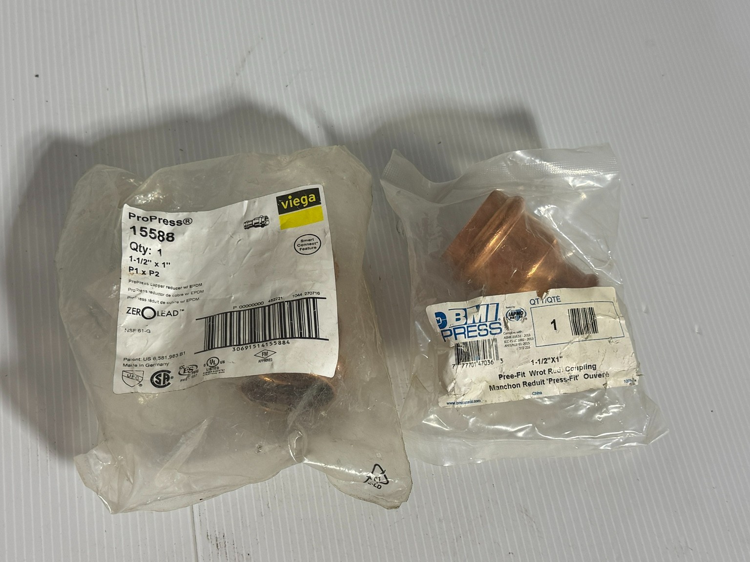 Lot of 2 1-12 x 1 Copper Press Reducer Couplings Viega 15588 & BMI Press