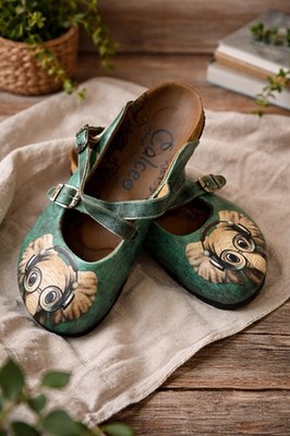 Calceo Elephant Art Clogs EU 40 Green Handcrafted Style Cork Footbed Shoes