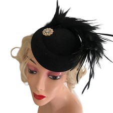 Flapper Style Black Fascinator Hat Feathers Rhinestone Jeweled Party Cosplay