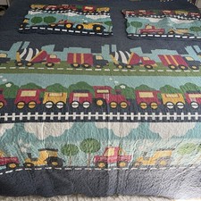 Kids Toddler Quilt Full Size Appliqu Trains Railroad Trucks Blue 90x90