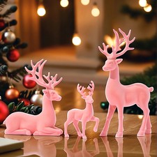 3 Stück Große Rentier Figuren Rosa Beflockt Weißer Elch Harz Figuren Niedlich