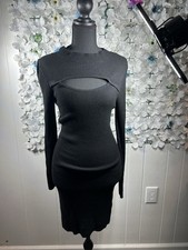 Pretty Little Thing Black Ribbed Knit Cut-Out Bodycon Dress US 8 Long Sleeve