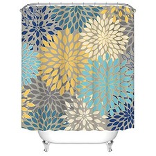 Dahlia Pinnata Flower Shower Curtain Gray Yellow Teal Blue Mandala Decor