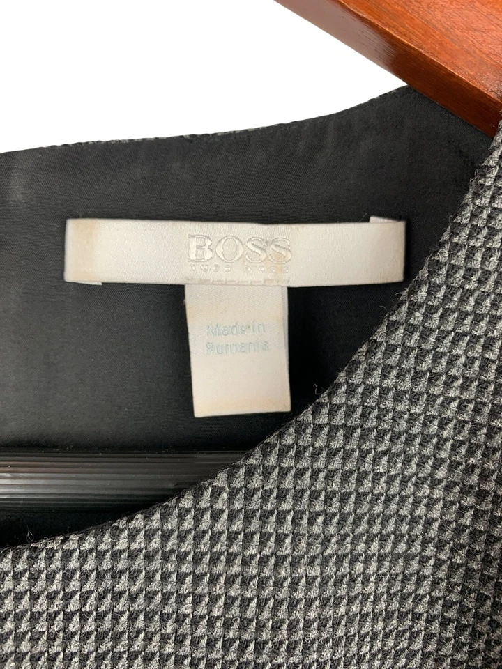 Top de mujer Hugo Boss sin mangas peplum talla L blanco y negro patrón de pata de gallo Foto 2 de 4