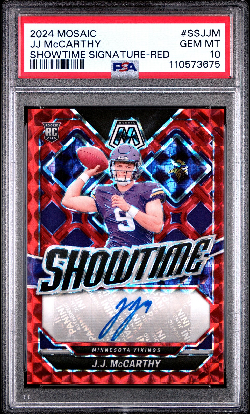 2024 PANINI MOSAIC SHOWTIME SIGNATURES RED #SSJJM JJ MCCARTHY 138/199 PSA 10