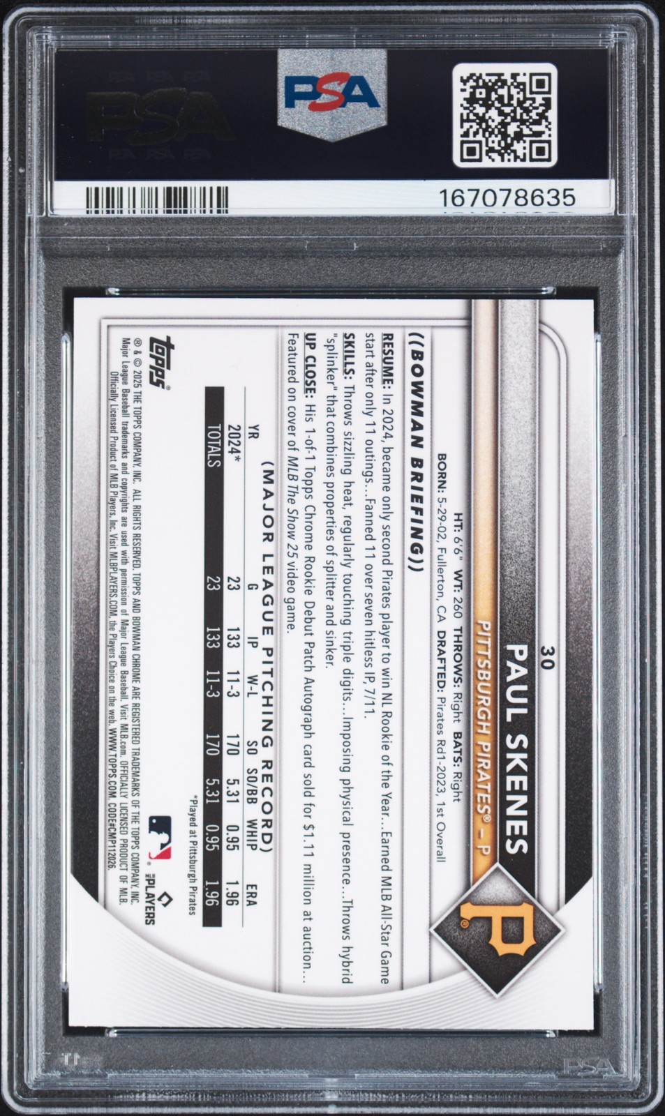 167078635 Paul Skenes 2025 Bowman Chrome Sapphire #30 PSA 10 view 2