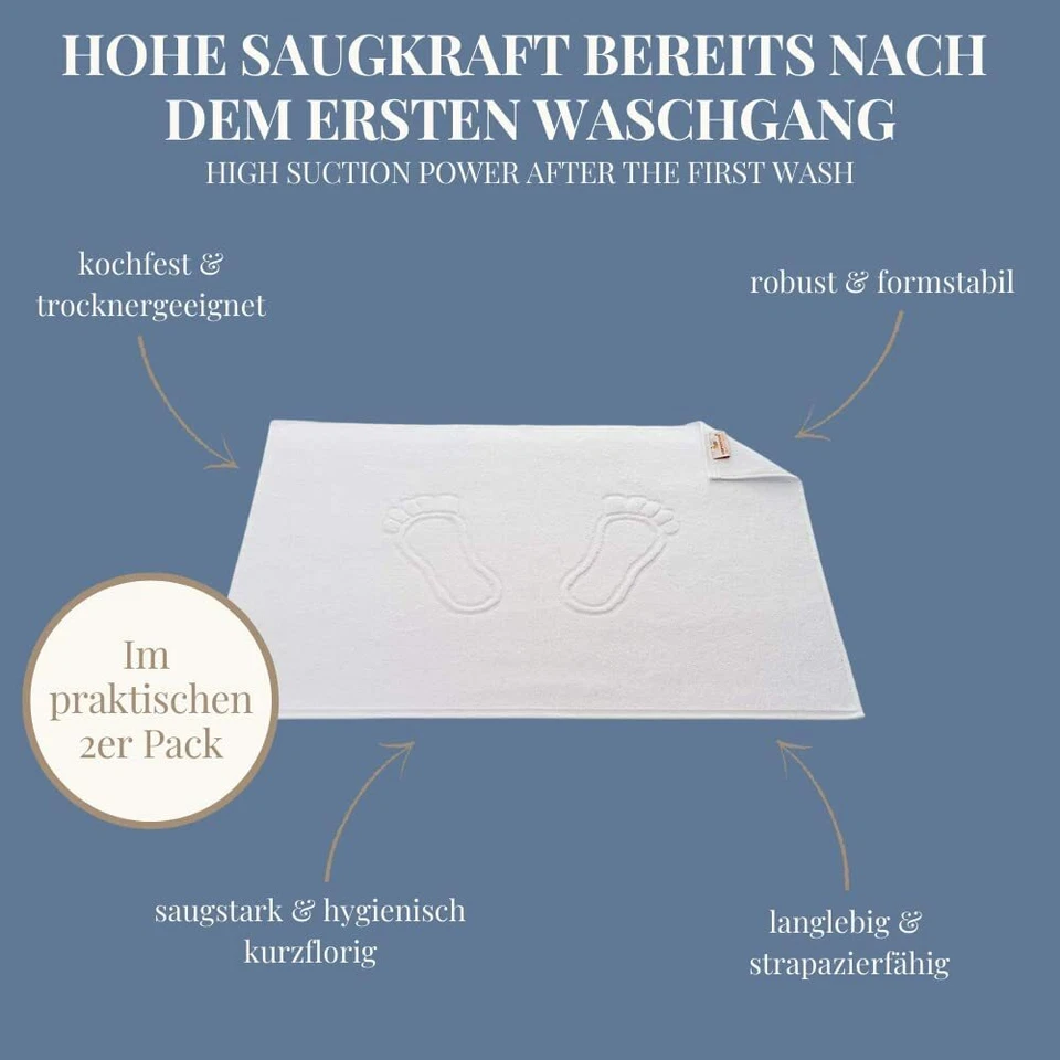 2 x Badematte Duschvorleger 50x70 weiß 100% Baumwolle Muster mit Fußabdruck - Bild 3 von 4