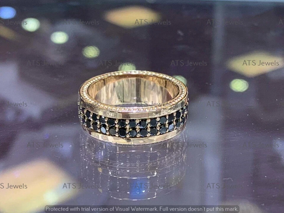 1.00 CT Round Cut Black Moissanite 2-Row Wedding Band Ring 14k Rose Gold Plated - Image 3 of 4