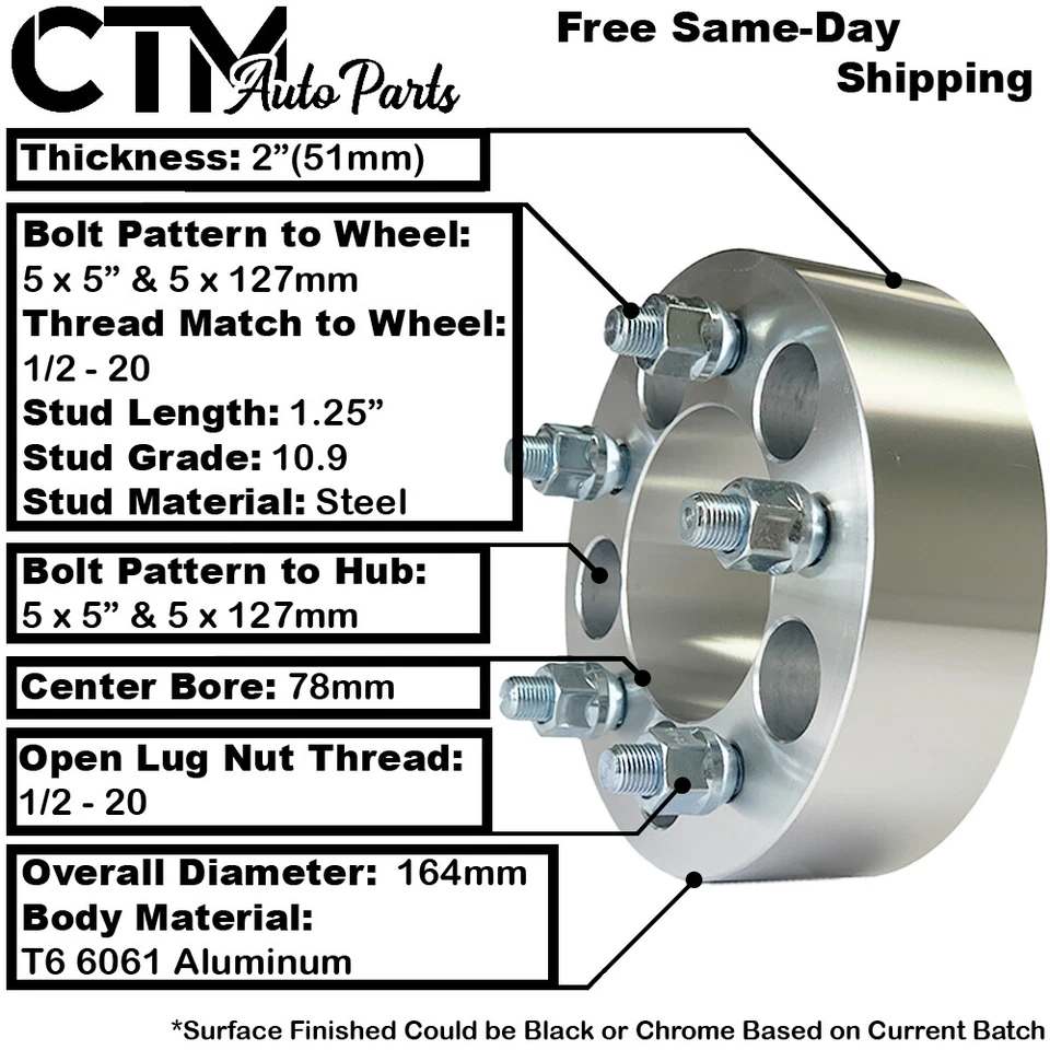 2x 2" Thick 5x5"(5x127mm) 78mm Bore Wheel Spacer Adapter 1/2-20 Stud JEEP & More - Image 2 of 4