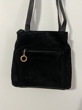 Vintage 80s Black Soft Suede Purse Gold Accents Leather Strap Bag pocketbook