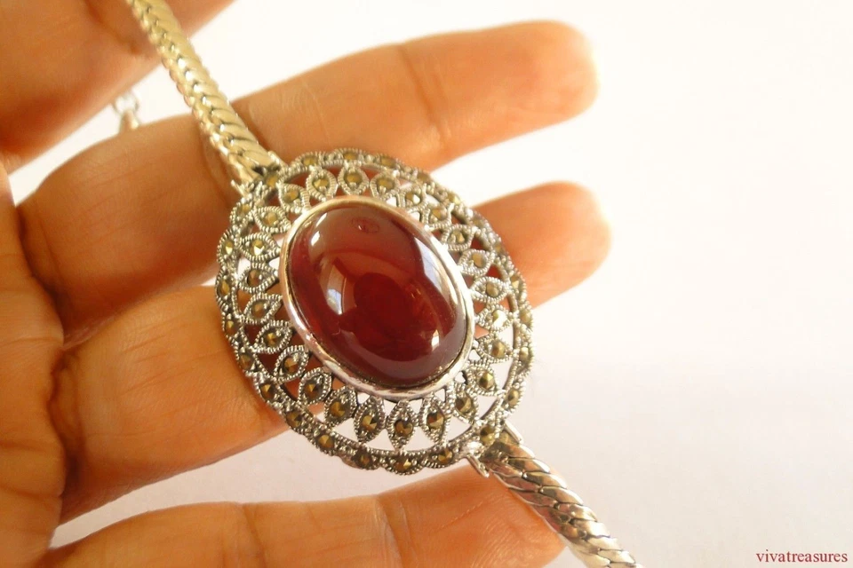 Red Ruby Solitaire Marcasite Ornate 925 Sterling Silver Bracelet - Image 2 of 4