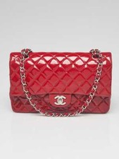 Chanel Red Quilted Patent Leather Classic Medium Double Flap Bag