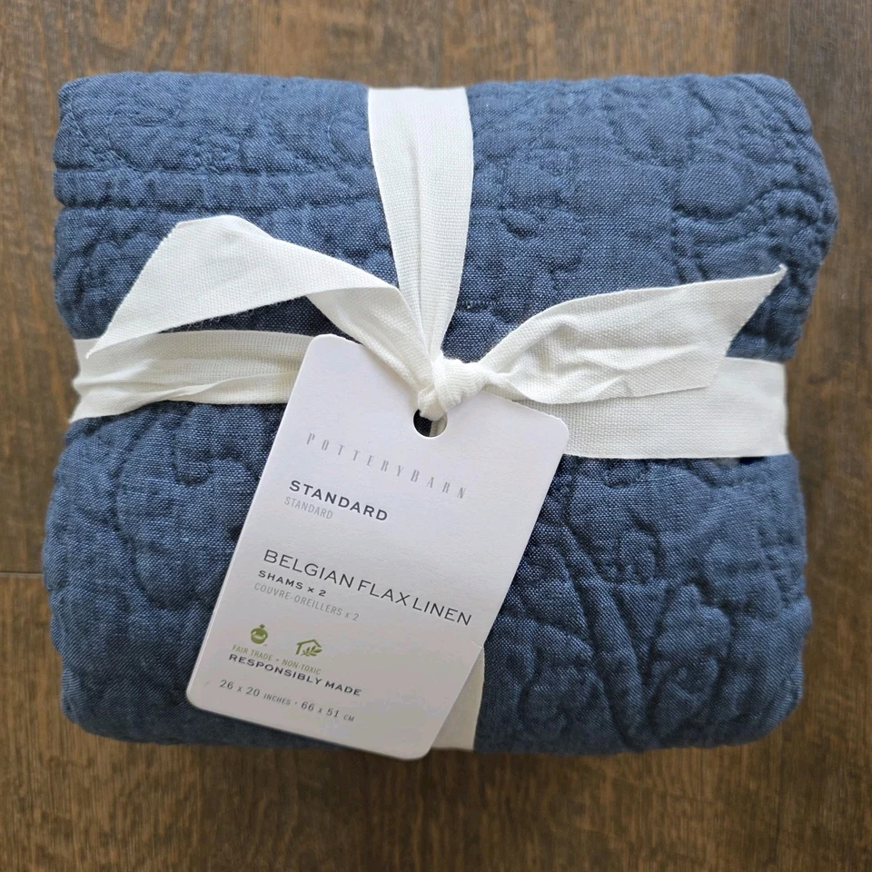 Pottery Barn DOS fundas estándar de lino belga puntada floral azul medianoche Foto 2 de 4