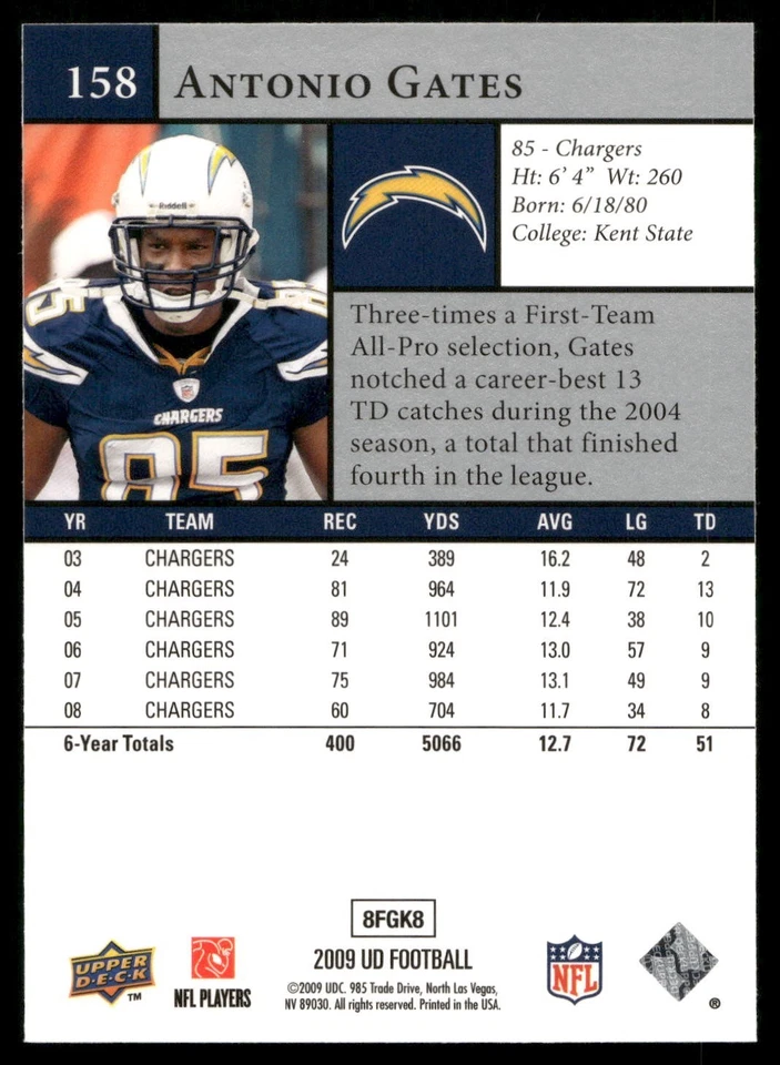 Antonio Gates - 2009 Upper Deck Football #158 - Bild 2 von 2