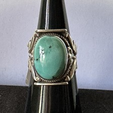 Absolutely Beautiful Oval Turquoise Ring Ornate Design Of 925 SS Size 6.5