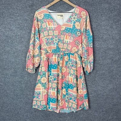 NEW Savanna Jane Women L Boho V-Neck Patchwork Print Mini Dress Teal Pink