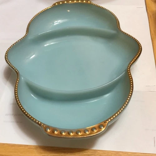 Vintage AnchorHocking Fire King Turquoise Blue Gold Trim Divided Relish Dish EUC
