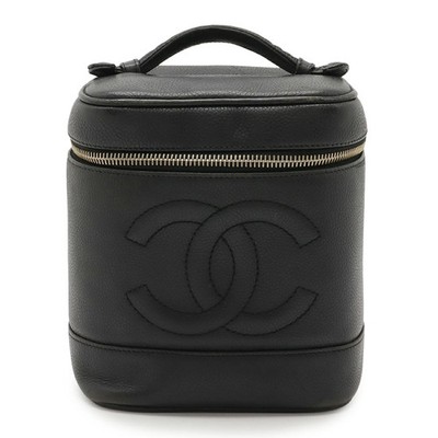 CHANEL Coco Mark Vanity Bag A01998 Leather Black Logo Cosmetic Pouch
