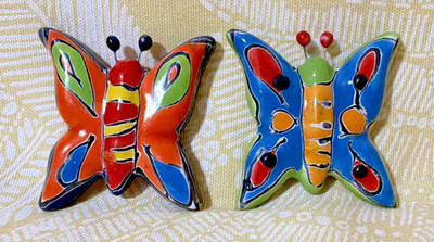 Mexico Talavera 2-Pack BUTTERFLIES Hand Painted Decor Art Wall Yard Pottery New
