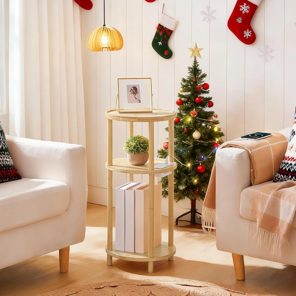 Mesa auxiliar redonda pequeña con estación de carga, mesa auxiliar redonda de 3 niveles, compacta... Foto 2 de 4