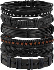 Leather Braided Bracelet Cuff Wrap Wristband for Men Women Adjustable D:6pcs