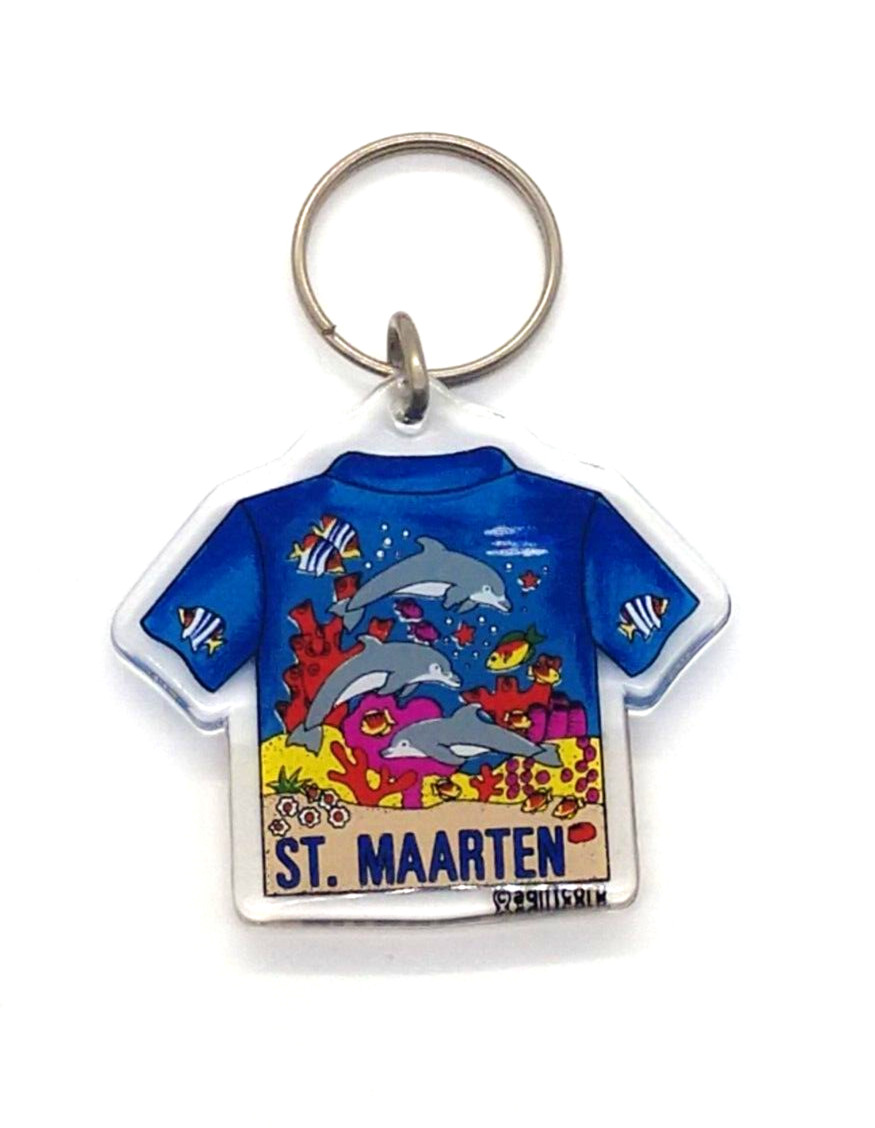 Vintage St. Maarten Island Caribbean Beach Dolphin Shirt Keychain Keyring