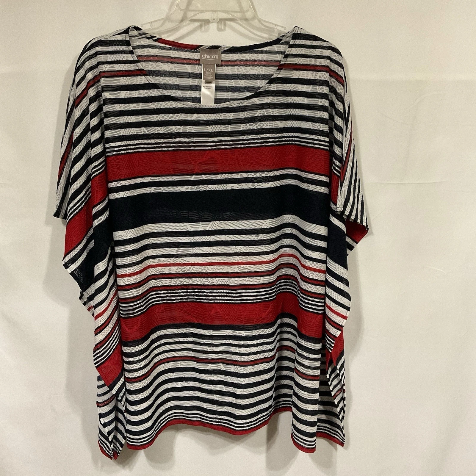 Chico's L/XL Pullover Poncho Top Blouse Stretch Red White Blue