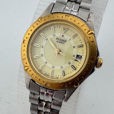 VTG Pulsar Quartz Watch V827-0520 Women Gold Tone Fixed Bezel New Battery 7.5''