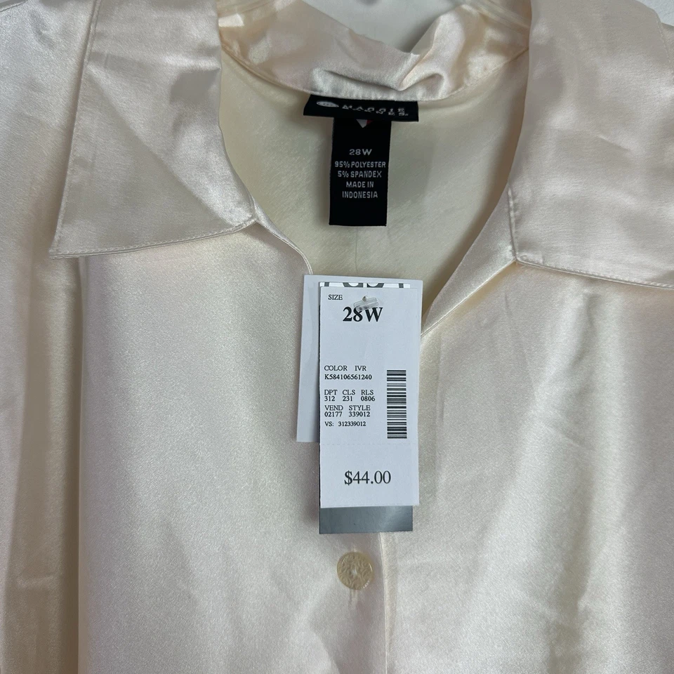 Maggie Barnes Satin Button Up Womens 28W Ivory Long-Sleeve Blouse Stretch New - Image 4 of 4