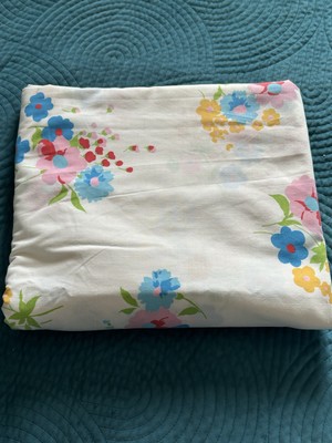 Vintage PACIFIC Double Flat Muslin Sheet  White W Bright Blue Flowers