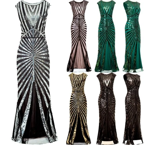 Vintage 1920s Flapper Dress Great Gatsby PROM Party Evening Sequins Maxi Dresses