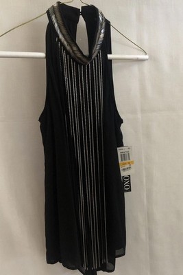 Black Flowy Top Black & Silver Chain Fringe Beaded High Neck Romantic Goth S NWT