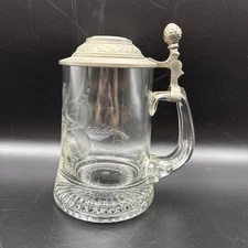 Vtg German Beer Mug Stein Stuttgarter Hofbrau 1L Crystal Pewter Lid Etched Hops