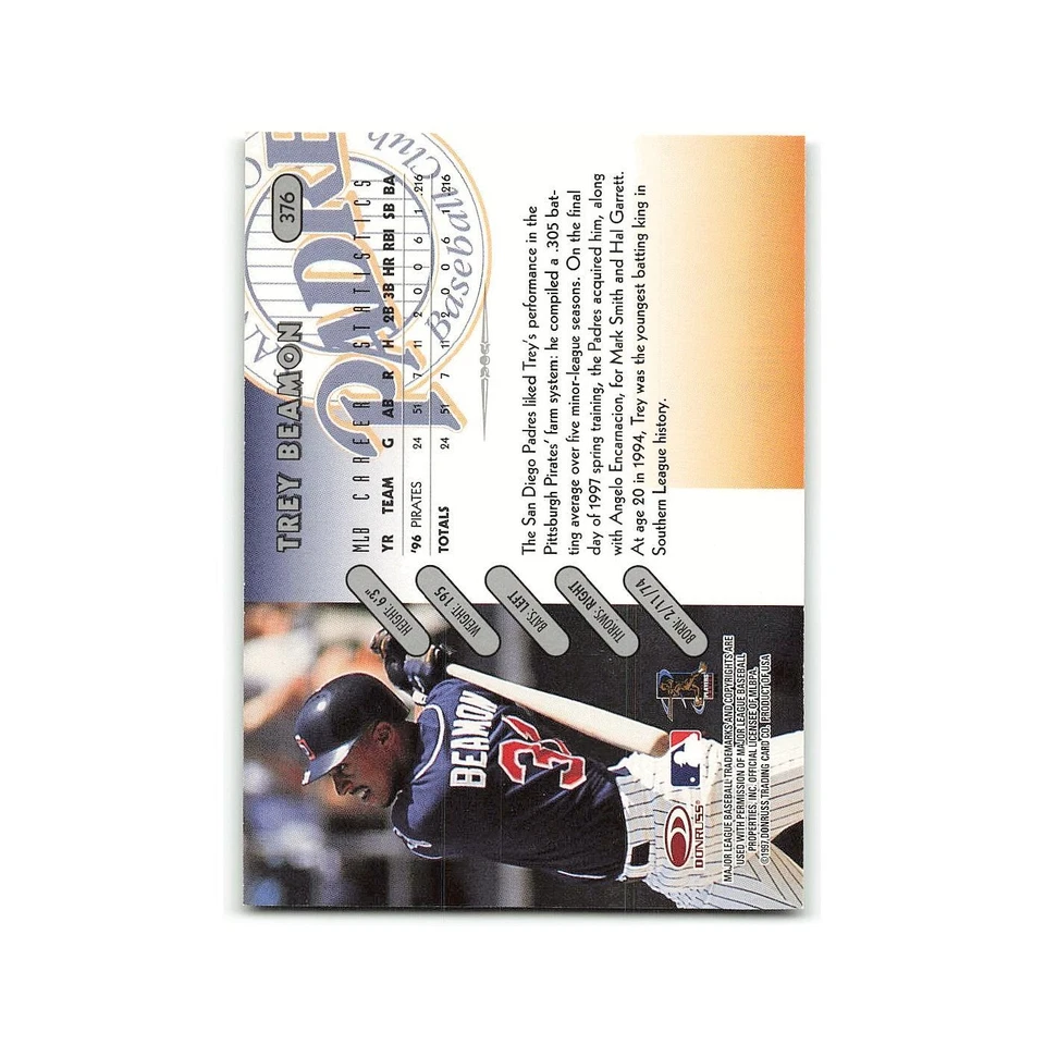 Trey Beamon Rookie 1997 Donruss #376 San Diego Padres Baseball Card NM - Image 2 of 3