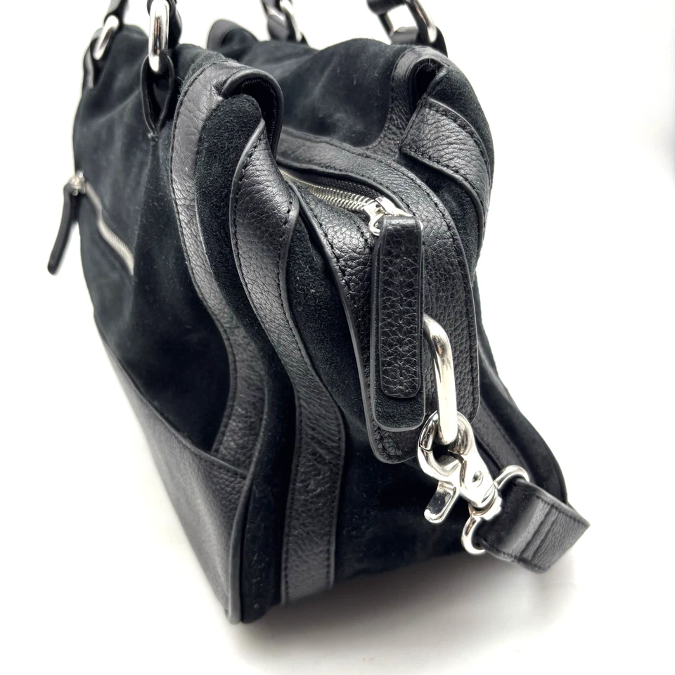 Vintage BCBGMAXAZRIA Black Genuine Suede Leather Large Duffle Bag Purse 13x8.5" - Image 4 of 4