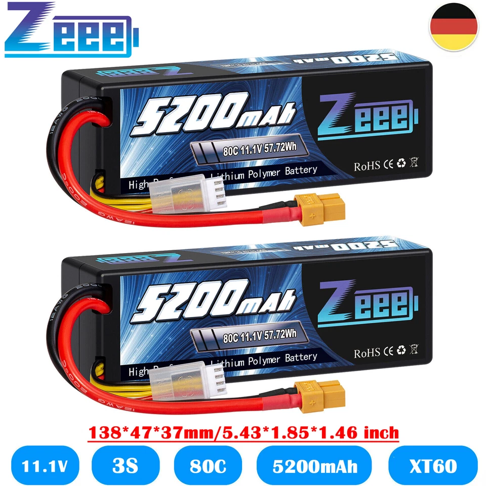 2x Zeee 3S Lipo Akku 5200mAh 11.1V 80C Hardcase XT60 für RC Auto Boat Helicopter