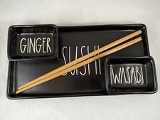 Rae Dunn 3pc Sushi Plate Dip Bowls Wasabi Ginger Set Chopsticks Black Ceramic