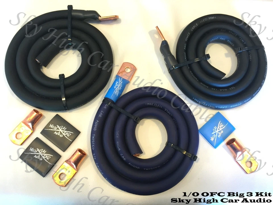 SKY HIGH CAR AUDIO Sky High Oversized 1/0 Gauge OFC AWG Big 3 Upgrade BLUE/BLACK Electrical Wiring