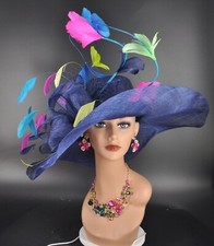 Navy Blue Green Church Kentucky Derby Party Wedding Tea Wide Brim Sinamay Hat