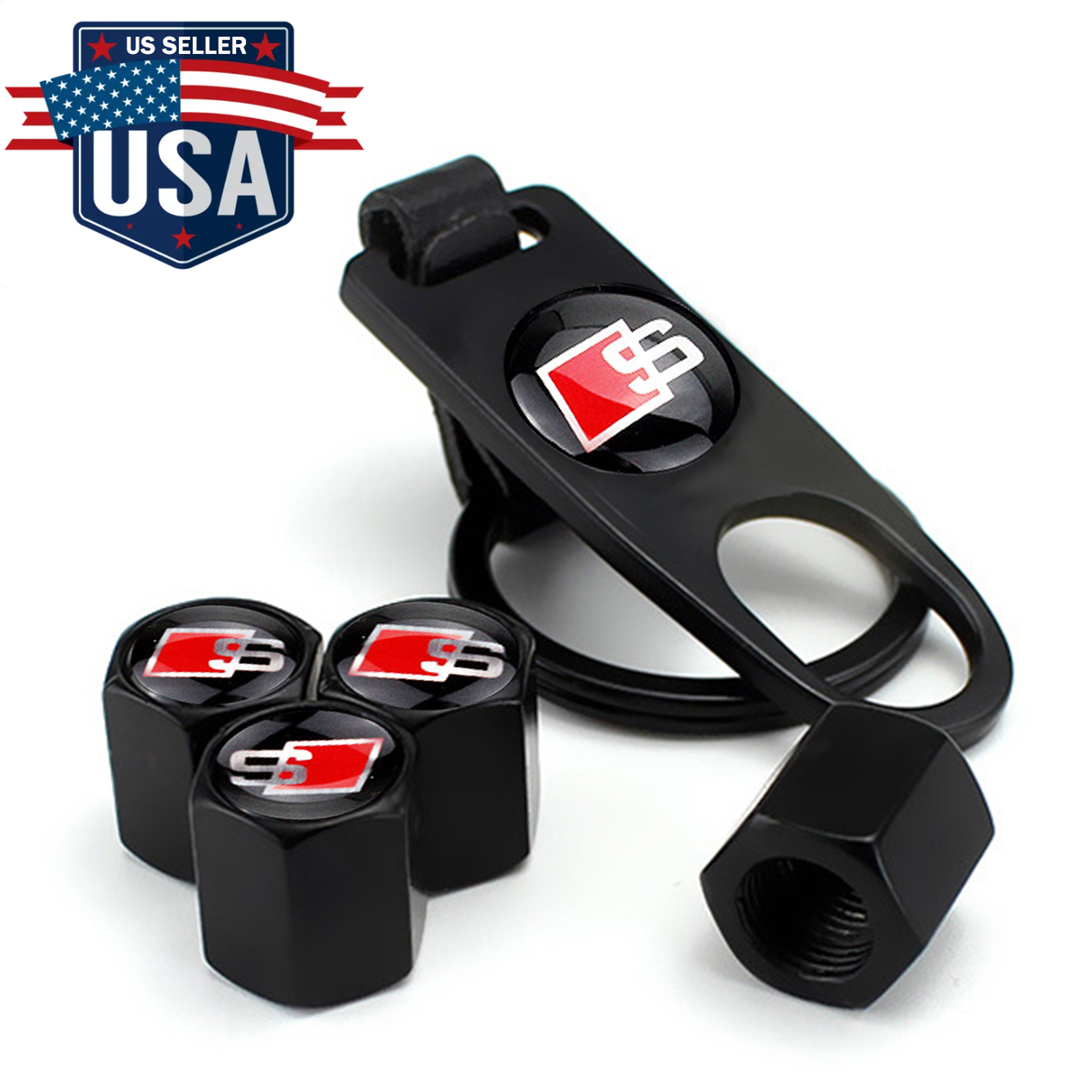 BLACK VALVE STEM CAPS + KEYCHAIN WHEEL TYRE TIRE AIR DUSTPROOF FOR AUDI