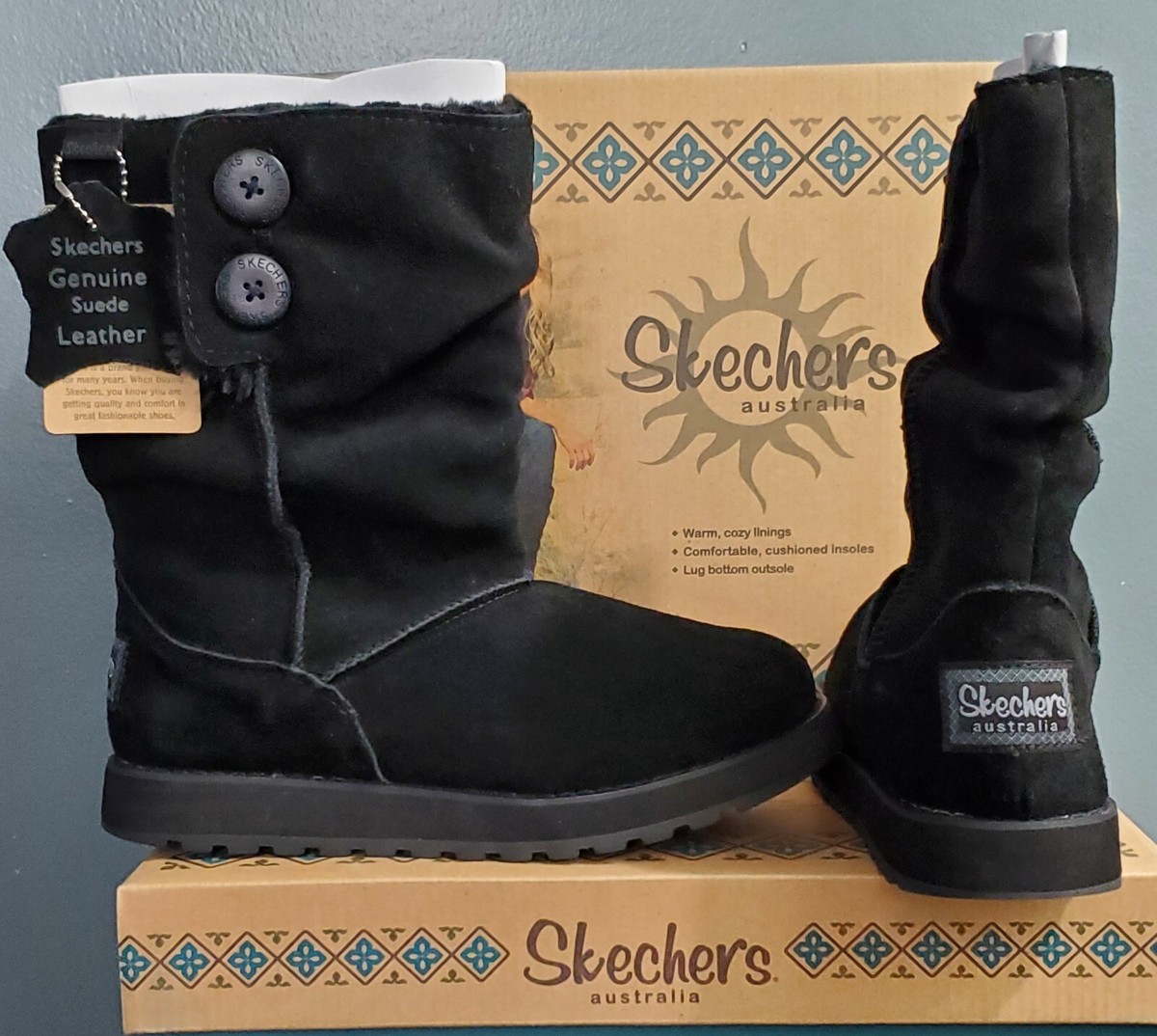 SKECHERS AUSTRALIA Women Black Suede Button Mid Calf Faux Fur Boot 7 M $80  | eBay