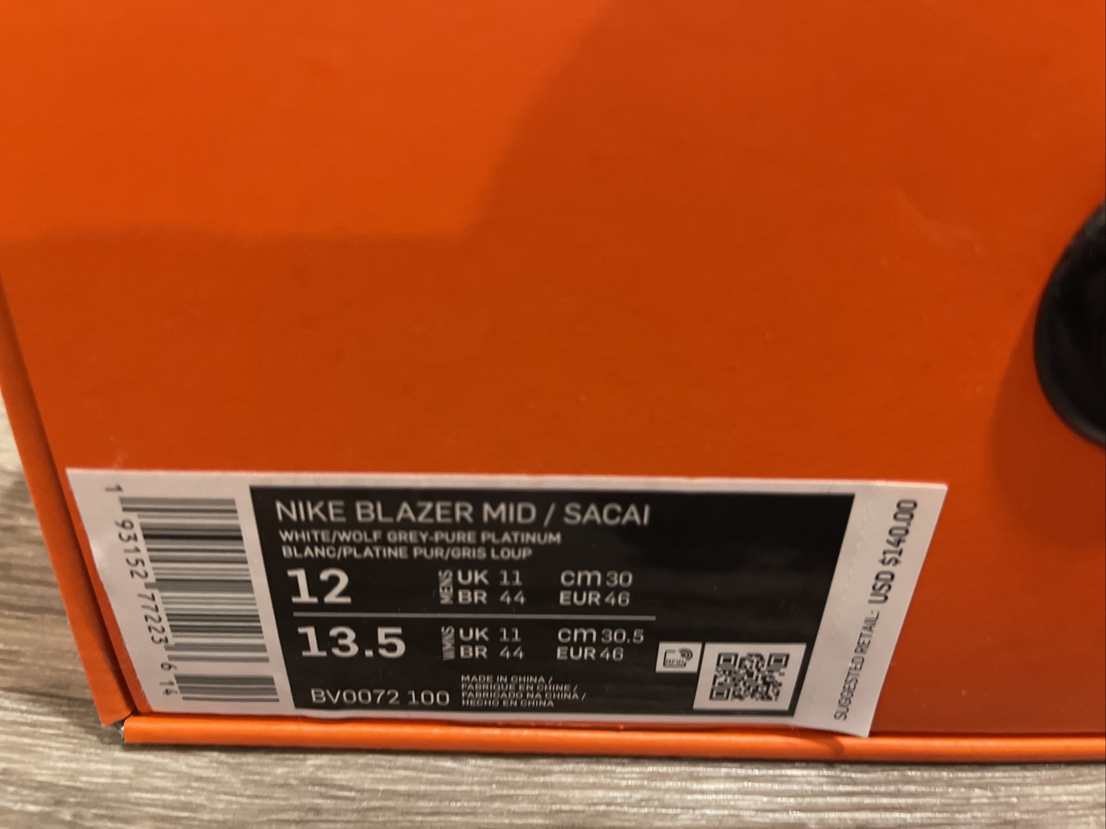 SACAI X NIKE Nike x Sacai Blazer grigio medio bianco SPEDIZIONE VELOCE BV0072 100 nuovissime taglia 12