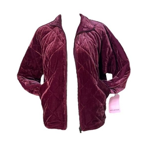 Avec Les Filles XS Maroon Satin Quilted Full Zip Up Bomber Oversized Jacket NEW - Picture 3 of 7