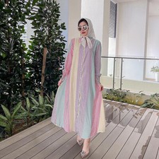 Dubai Women Muslim Maxi Dress Evening Kaftan Long Robes Stripe Shirt Abaya Gown
