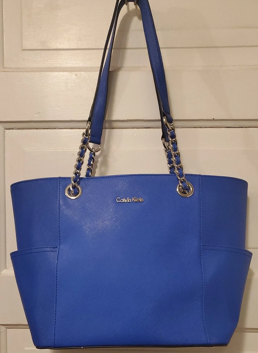 Calvin Klein Hayden Saffiano Leather Top Zip Chain Tote Navy Blue