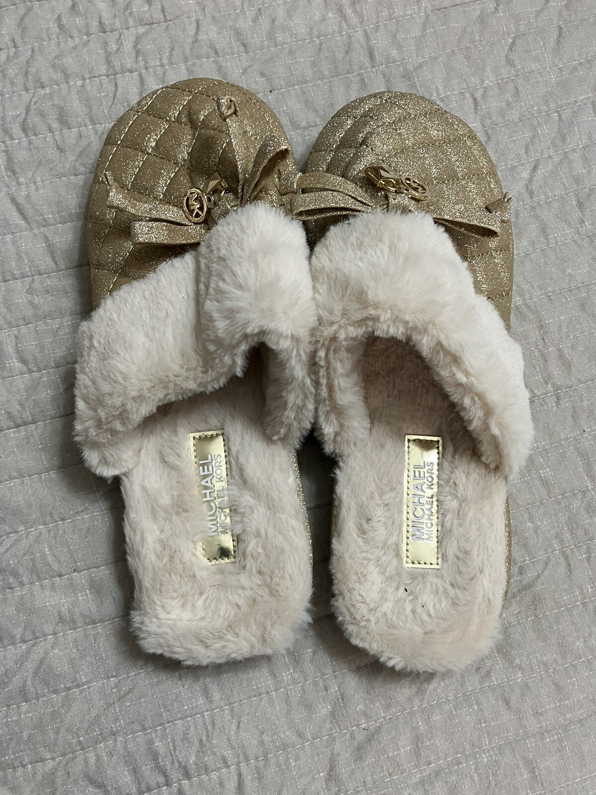 PANTOFOLA D’ORO sandali michael kors mk carter oro glitter pelliccia sintetica taglia 9