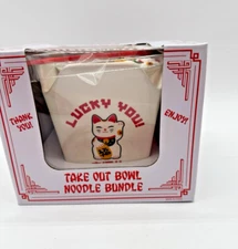 NEW Lucky You Cat Chinese Take Out Ceramic Ramen Noodle Bowl and Chopsticks NIB