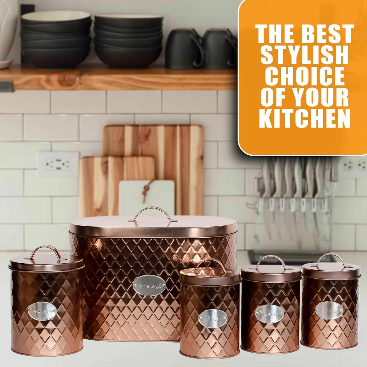 Vintage Copper 5pcs Kitchen Bread Bin Storage Set Tea Sugar Coffee