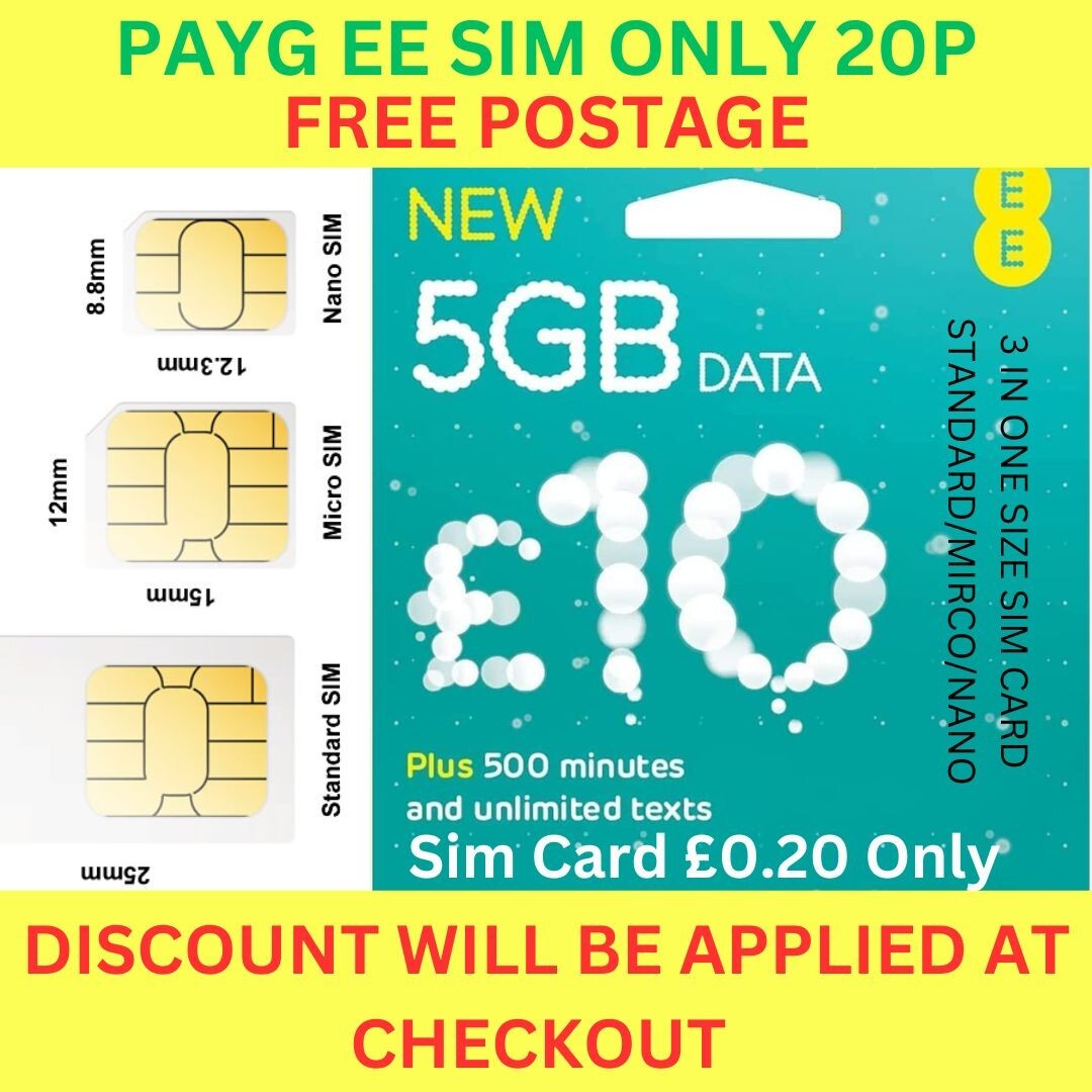 EE Sim Card Pay As You Go PAYG £10 Pack 5GB Data Unlimited SMS 500Min
