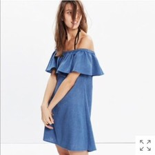Madewell Women’s Size Large Rio Cover-Up Dress Off Shoulder Chambray Blue Linen 